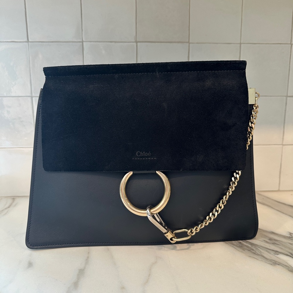 Chloe Faye Black Shoulder Bag with Gold Chain